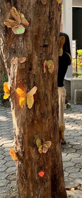 Leaf butterflies installed on a tree trunk.