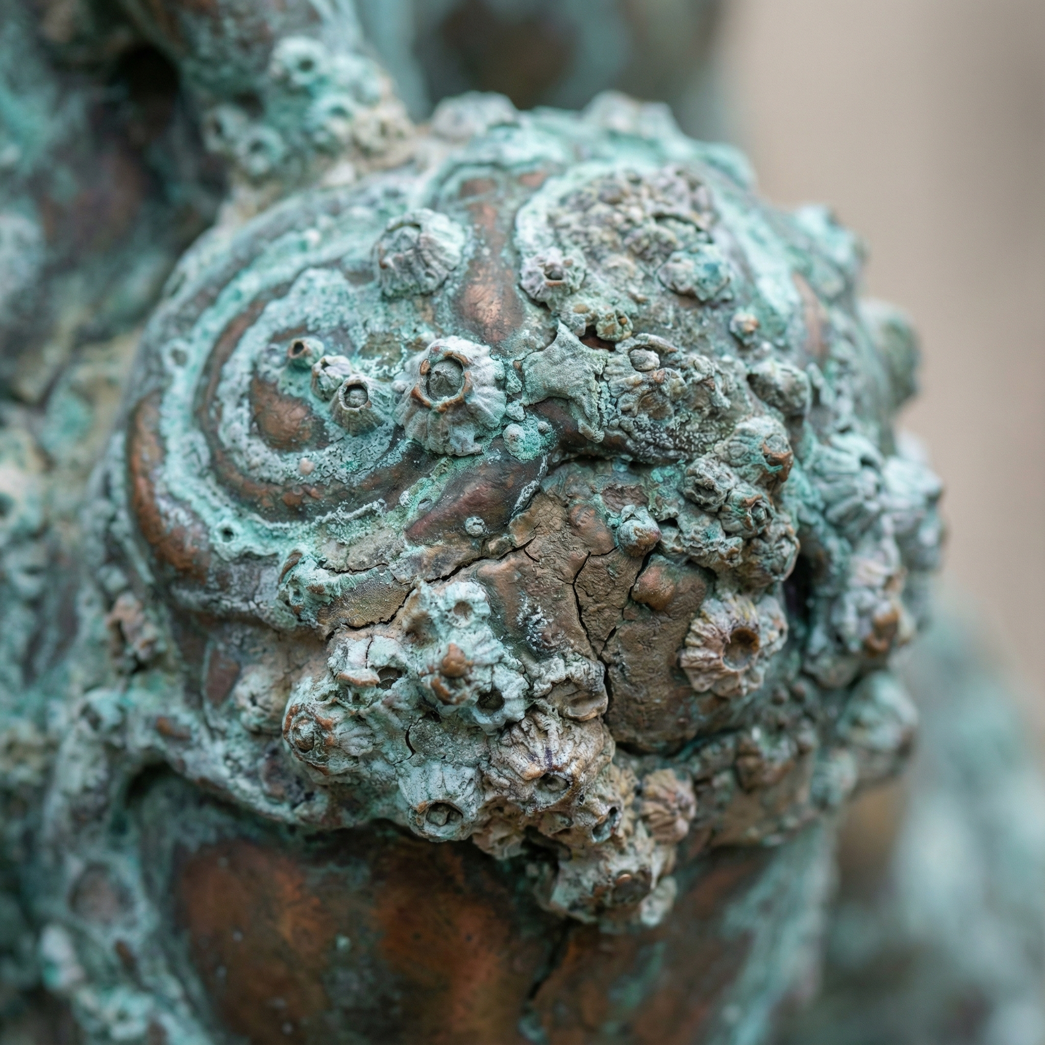 Close-up of patina texture showing sea-glass green oxidation